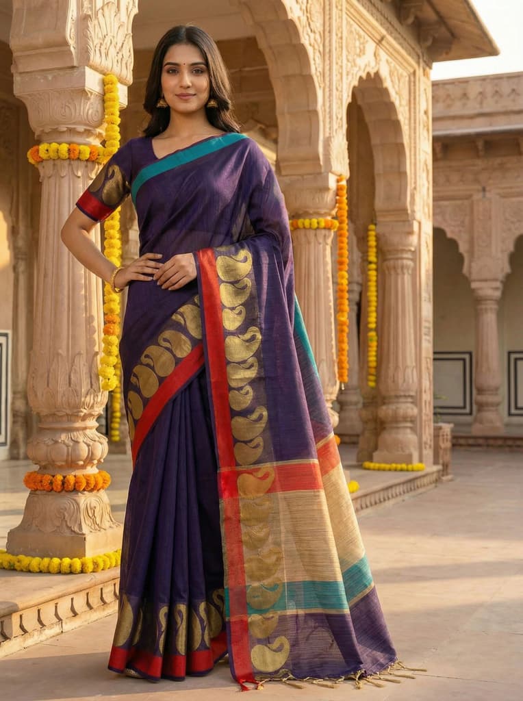 MIMOSA Women's Woven Design Banarasi Style Linen Saree with Blouse Piece - Navy ( SA00003151NVFREE ) — photo 2