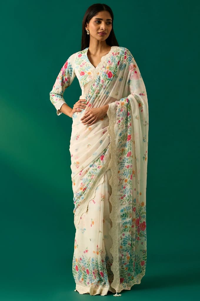 Off-White Floral Printed Embroidered Georgette Saree with Unstitched Blouse — photo 2
