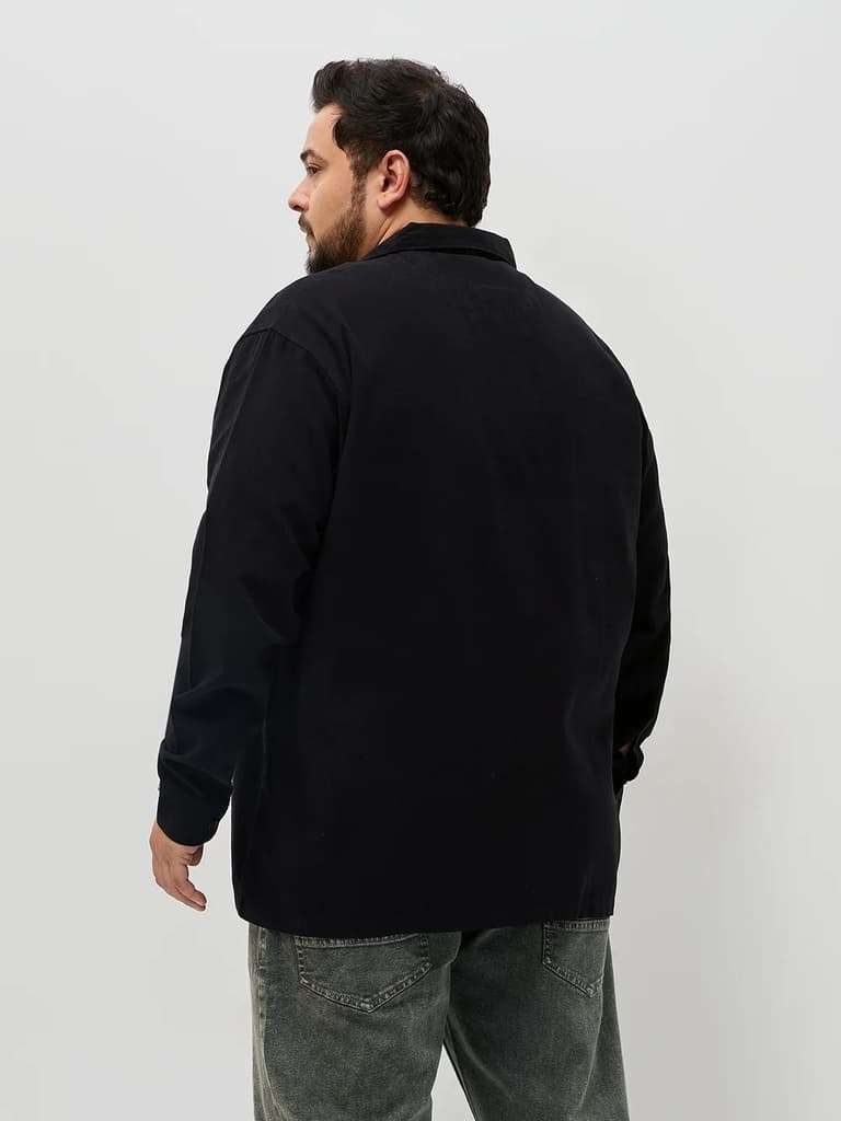 Plus Men's Black Cotton Full Sleeve Relaxed Fit Shacket with Utility Pockets — photo 3