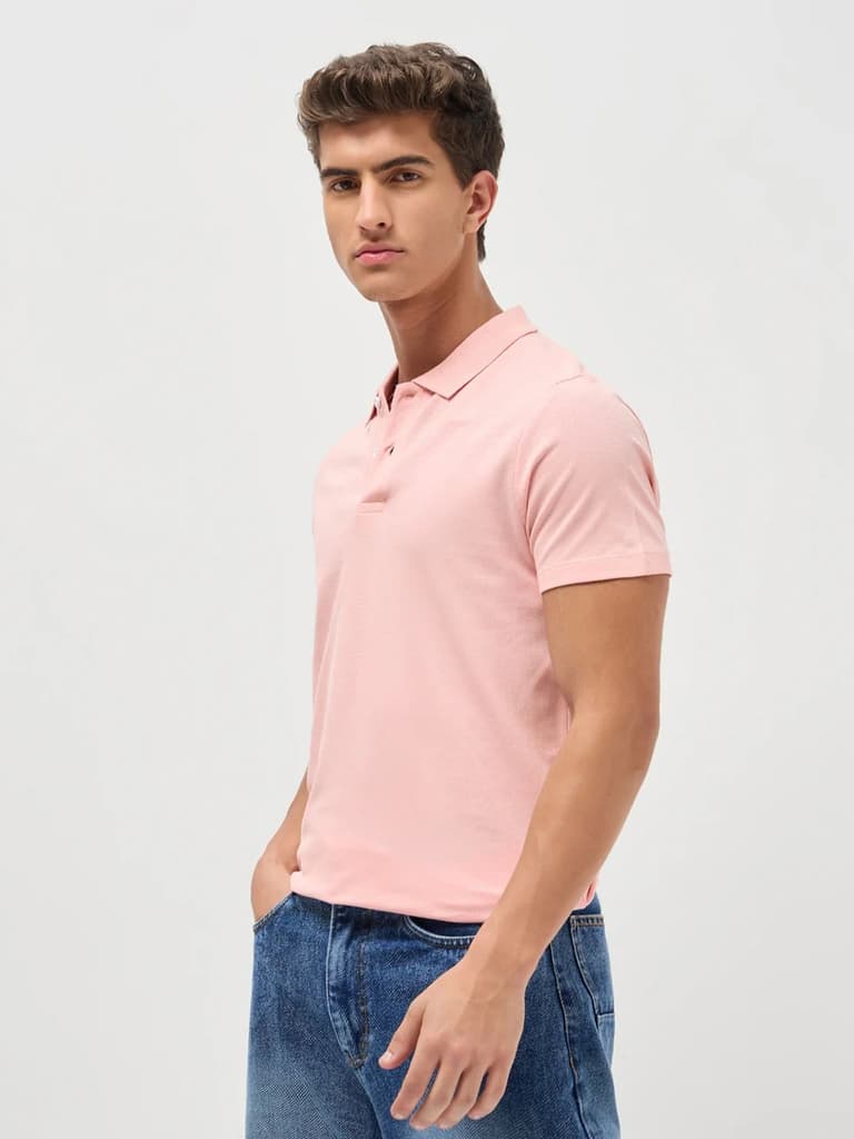 Men's Dusty Pink Solid Regular Fit Half Sleeve Cotton Polo T-Shirt — photo 2