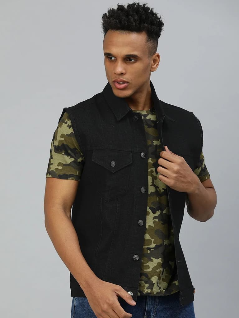 Men's Black Slim Fit Washed Sleeveless Denim Jacket — photo 2