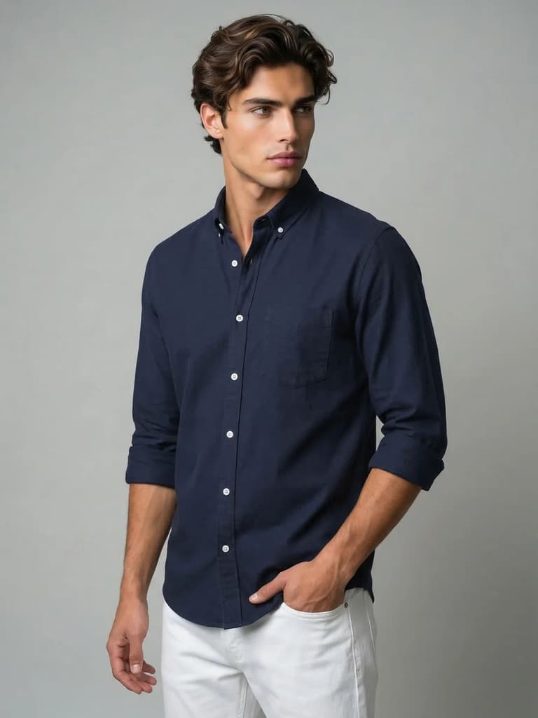 Men's Navy Cotton Full Sleeve Regular Fit Solid Oxford Shirt With Button-Down Collar — photo 2
