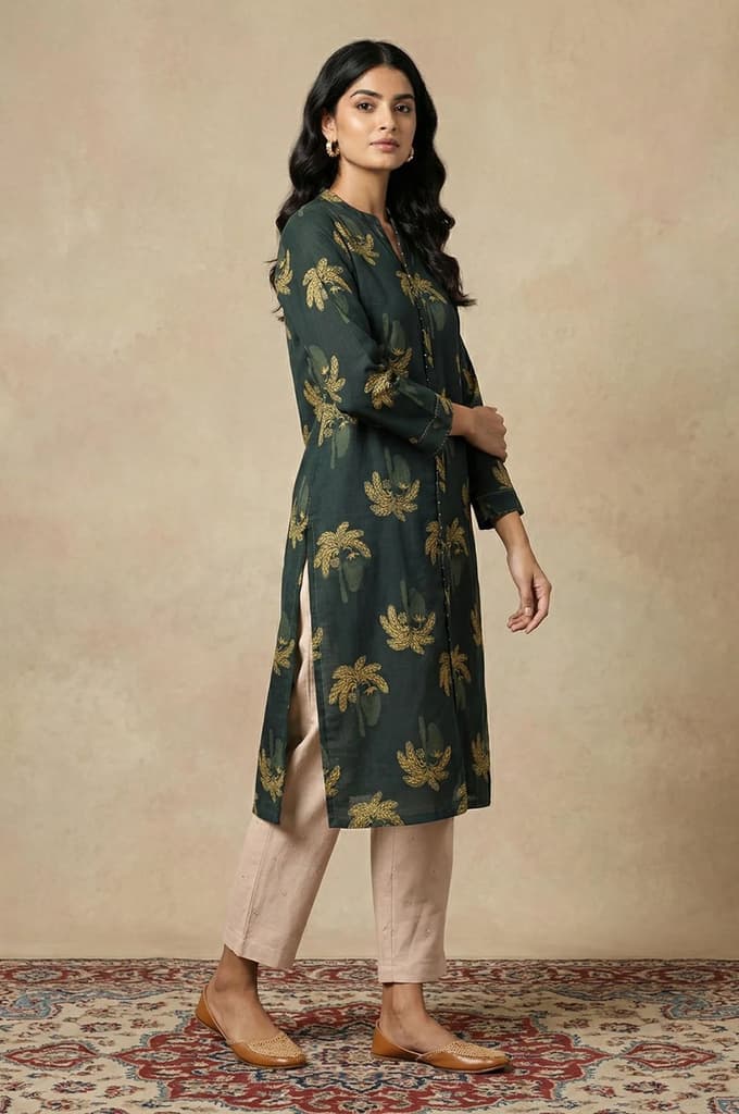 Green Botanical Printed Beadwork Pure Cotton Straight Kurta — photo 4