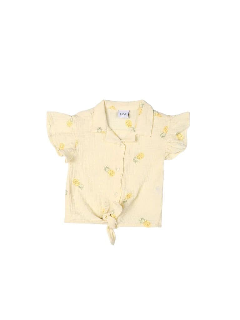 HOP Kids Girls Light Yellow Embroidered Tie-Knot Ruffle Cotton Shirt — photo 3