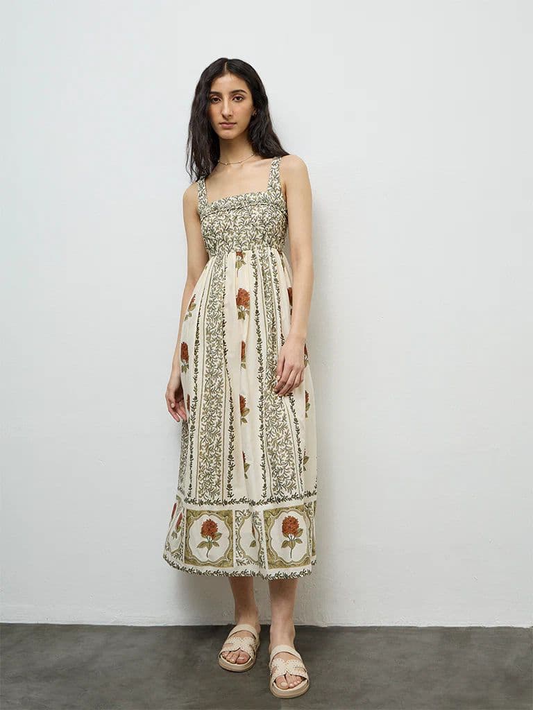 Bombay Paisley Off-White Printed Cotton A-Line Dress