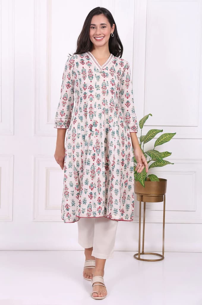 Off-White Floral Printed Thread Embroidered Pure Cotton Flared A-line Kurta — photo 2