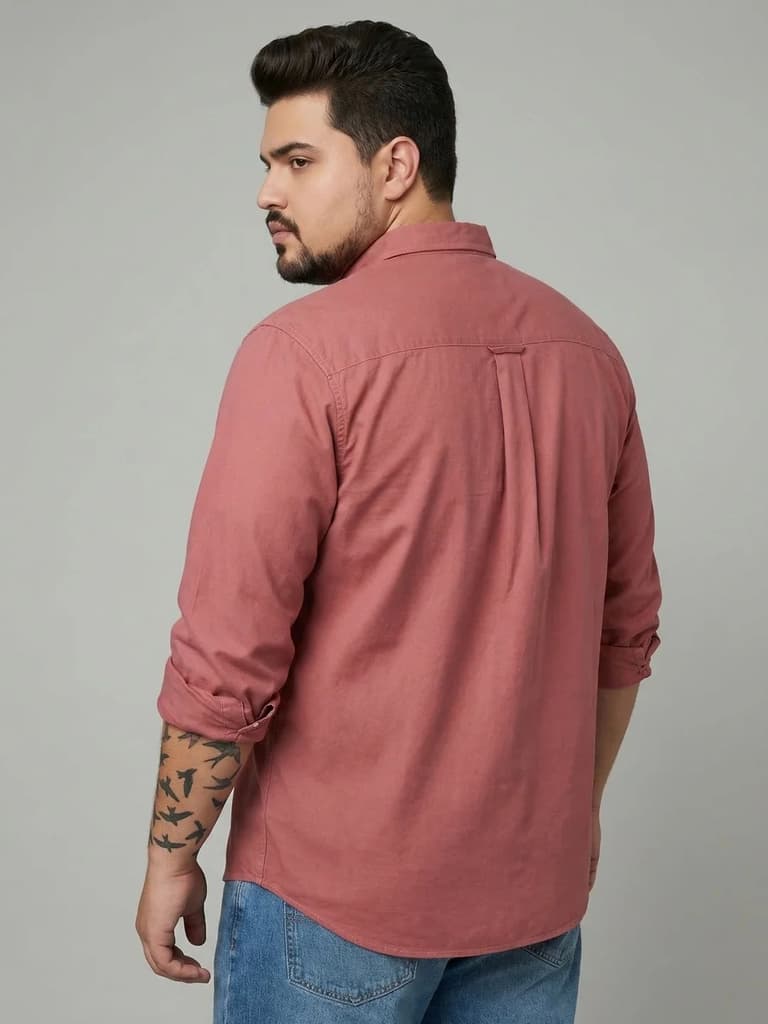 Plus Men's Peach Cotton Full Sleeve Regular Fit Solid Oxford Shirt With Button-Down Collar — photo 3