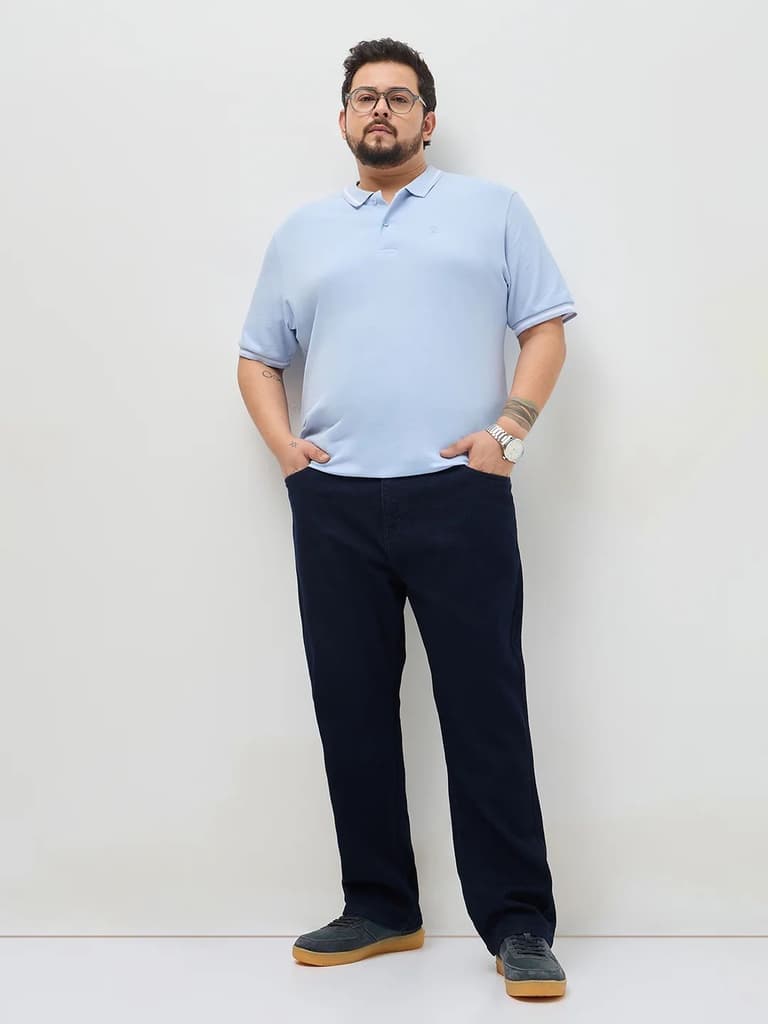 Plus Men's Dark Blue Straight Fit Raw Washed Denim Jeans Stretchable — photo 4