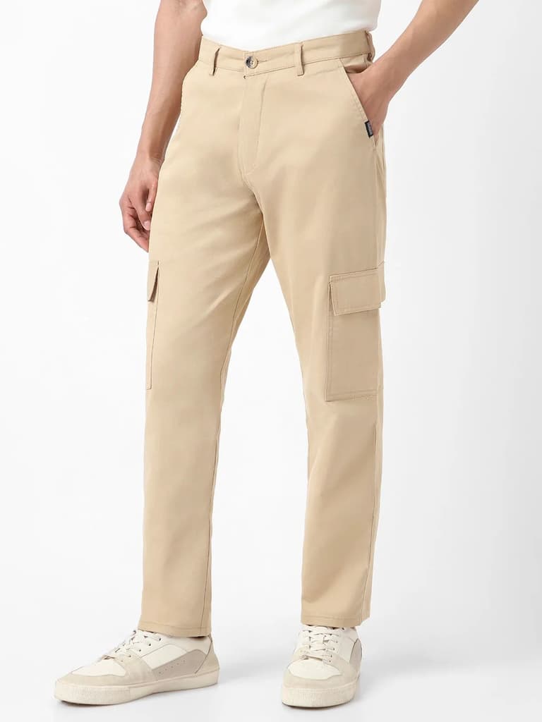 Men's Beige Regular Fit Solid Cargo Chino Pant with 6 Pockets Stretchable — photo 2