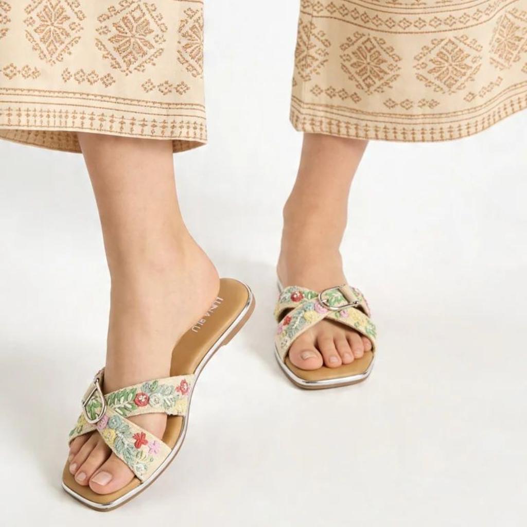 LUNA BLU Multicolor Floral-Embroidered Cross-Strap Slides