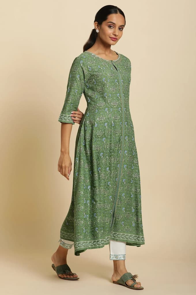 Green Floral Printed Embroidered Anarkali Kurta with Straight Pant Set — photo 4