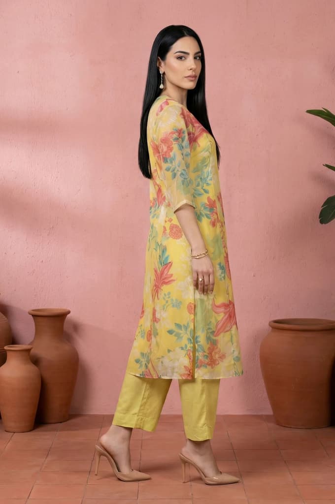 Yellow Floral Printed Organza Straight Kurta with Pants and Dupatta Set — photo 5