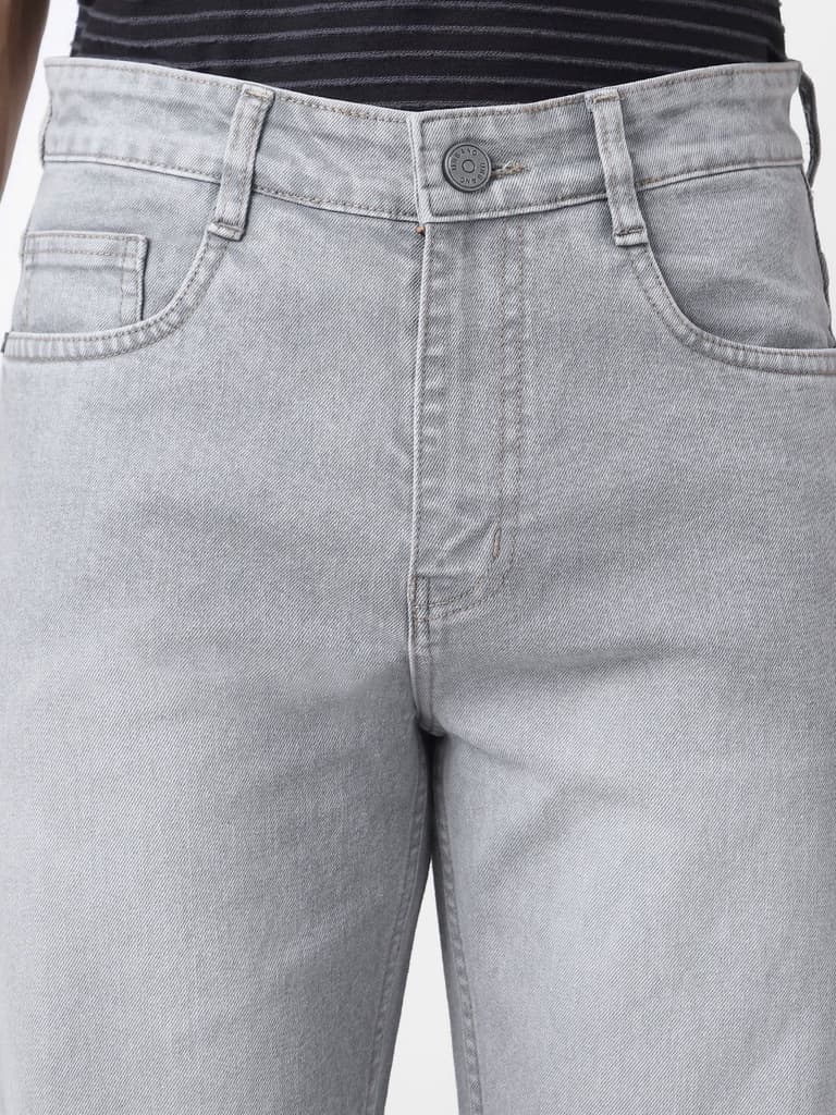 Men's Light Grey Straight Fit Washed Jeans Stretchable — photo 5