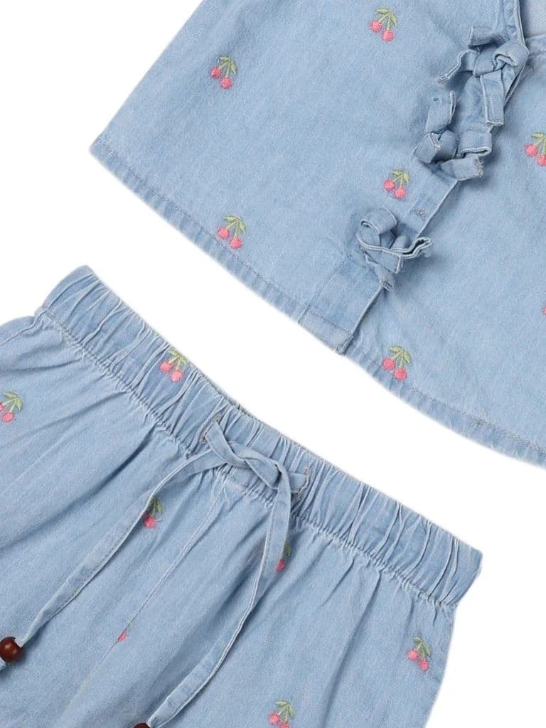 HOP Kids Girls Light Blue Embroidered Denim Top and Shorts Set — photo 5