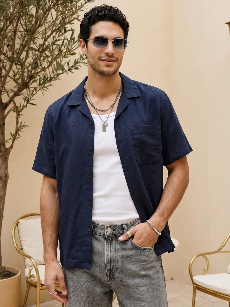 Men's Navy Linen Half Sleeve Oversized Fit Shirt with Cuban Collar — S / Navy