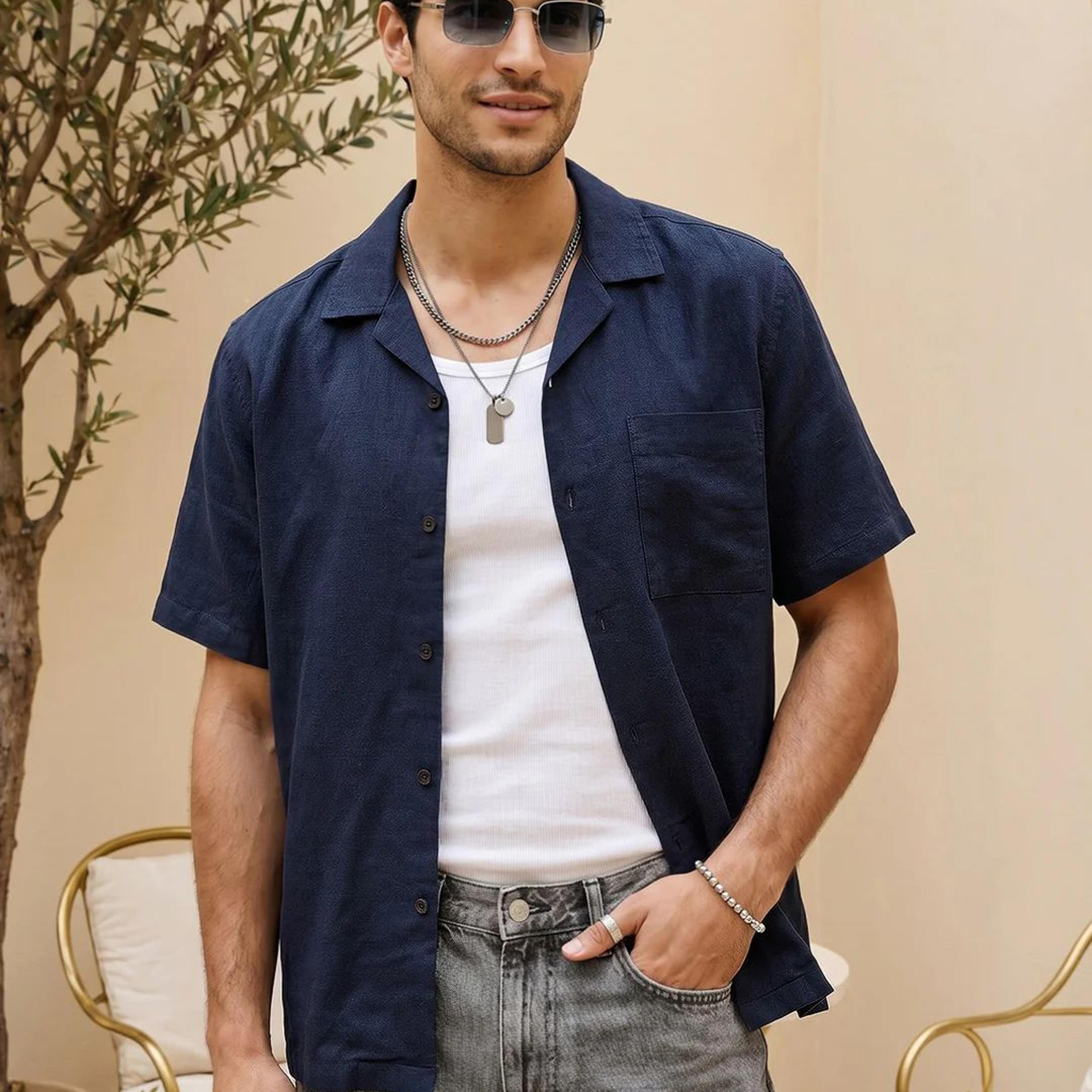 Men's Navy Linen Half Sleeve Oversized Fit Shirt with Cuban Collar