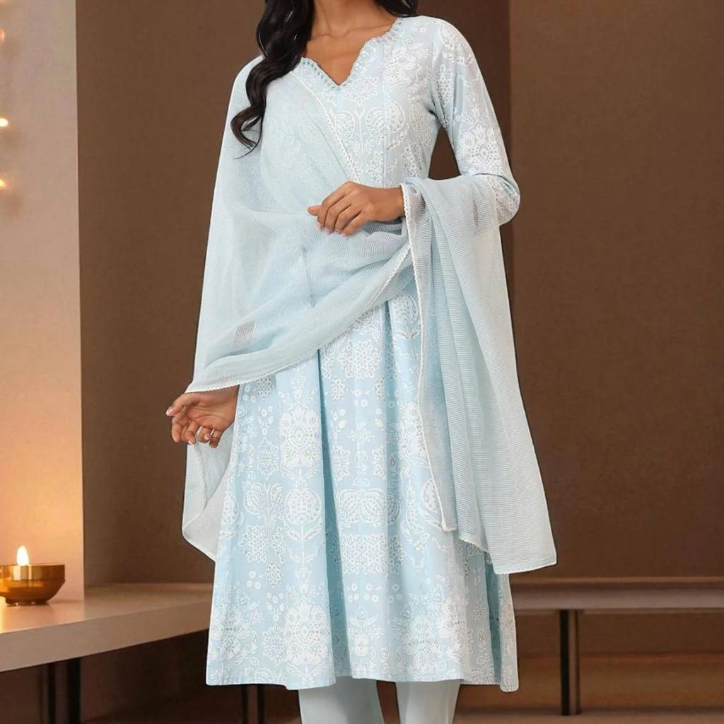 Sky Blue Printed Pure Cotton Anarkali Kurta, Pants and Dupatta Set