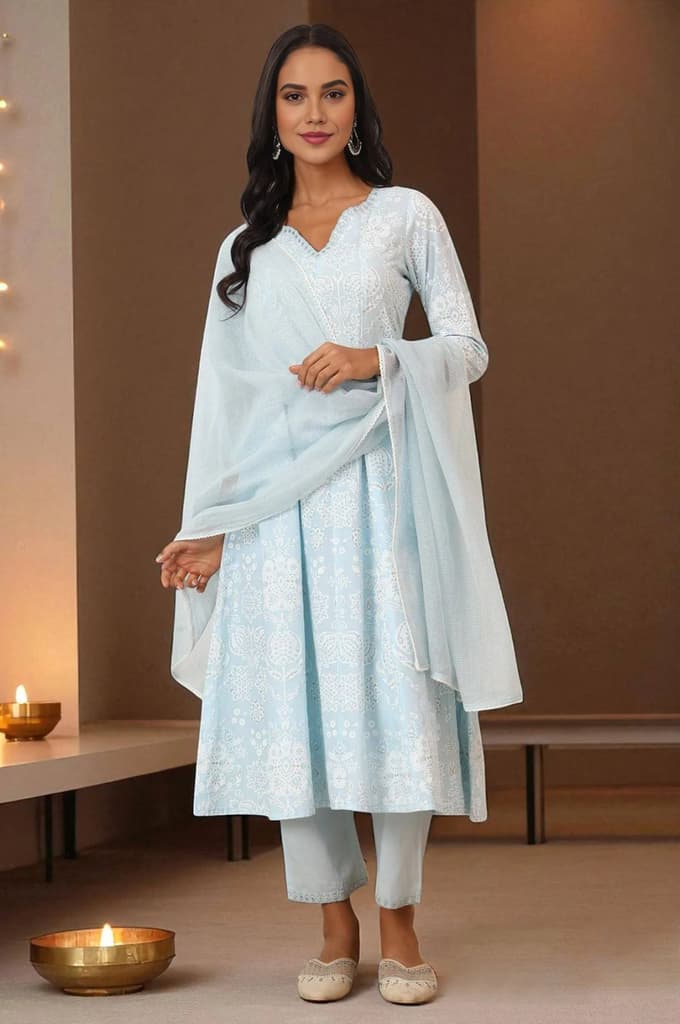 Sky Blue Printed Pure Cotton Anarkali Kurta, Pants and Dupatta Set — XS