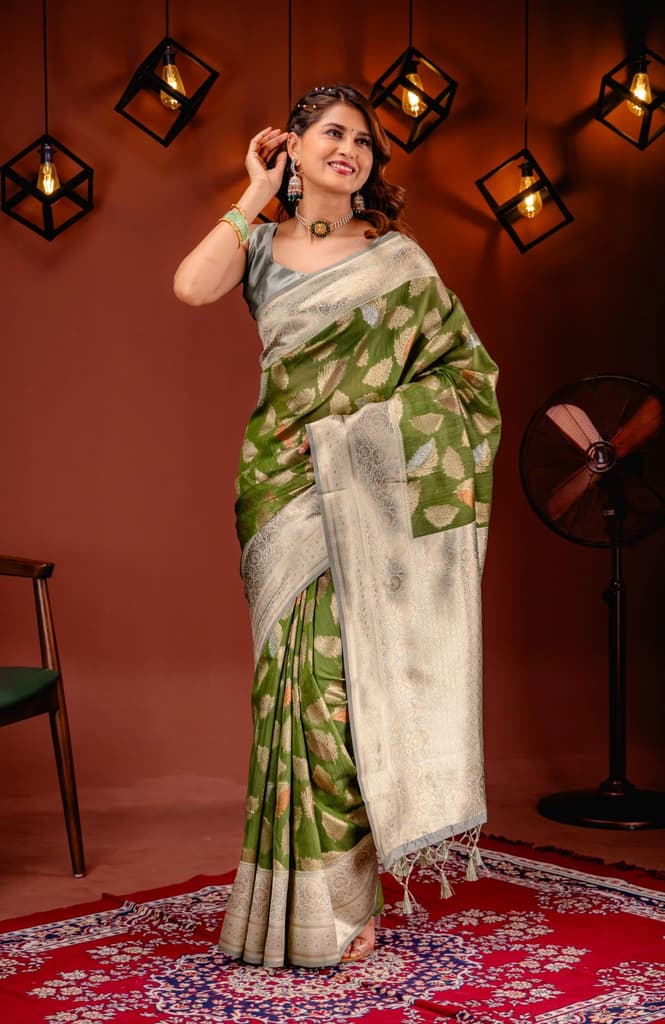 Mimosa Women's Woven Design Kanjivaram Style Art Silk Saree With Blouse Piece : SA00001742OLFREE — Olive