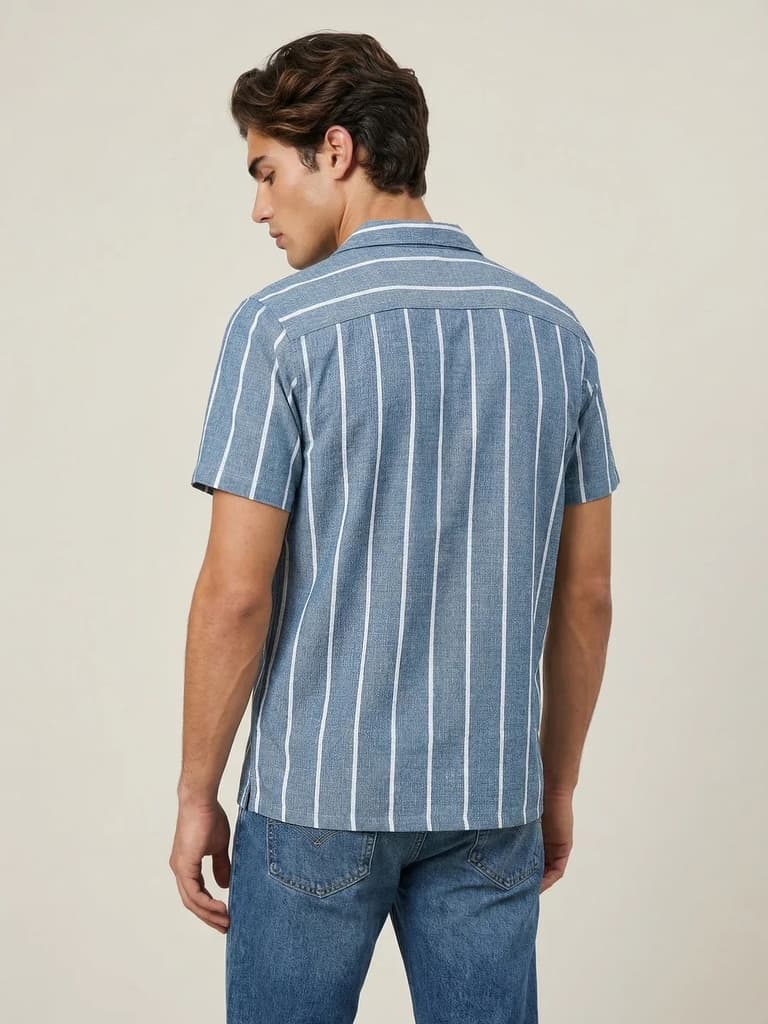 Men's Aqua Cotton Half Sleeve Relaxed Fit Linen Striped Shirt with Cuban Collar — photo 3