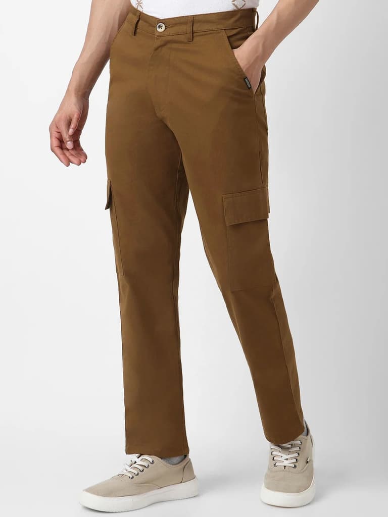 Men's Brown Regular Fit Solid Cargo Chino Pant with 6 Pockets Stretchable — photo 2