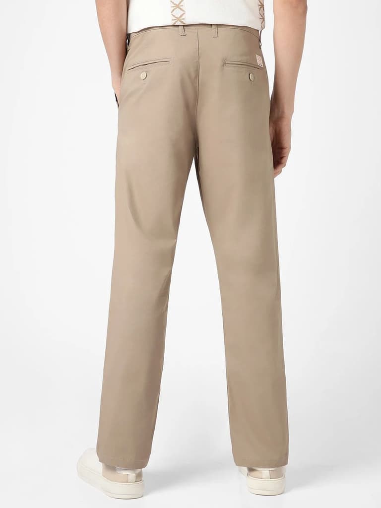 Men's Taupe Brown Cotton Regular Fit Casual Chinos Trousers Stretch — photo 3