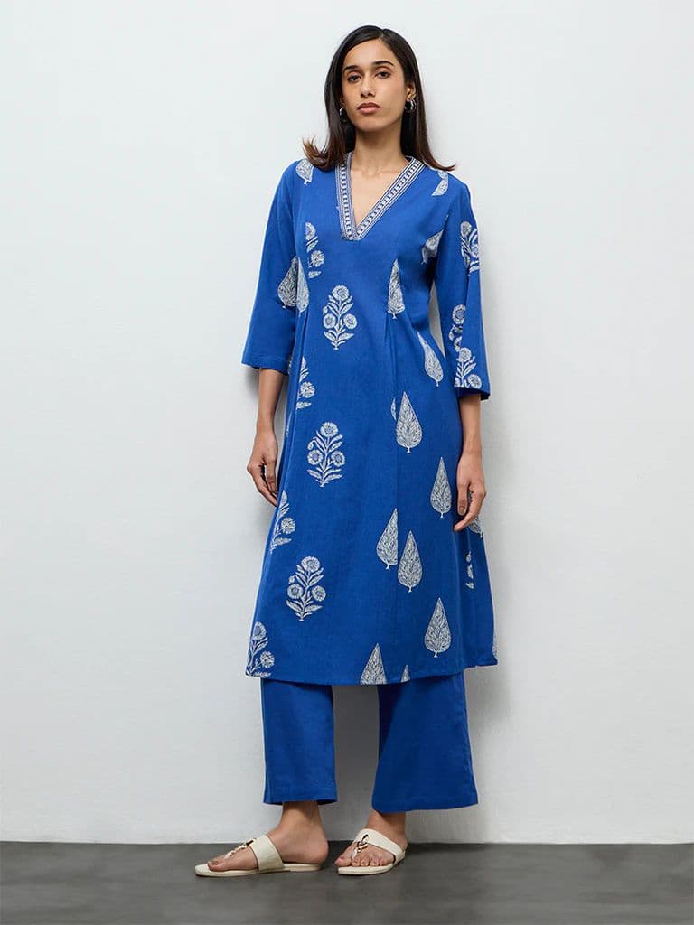 Utsa Indigo Solid Cotton-Blend Pants — photo 2