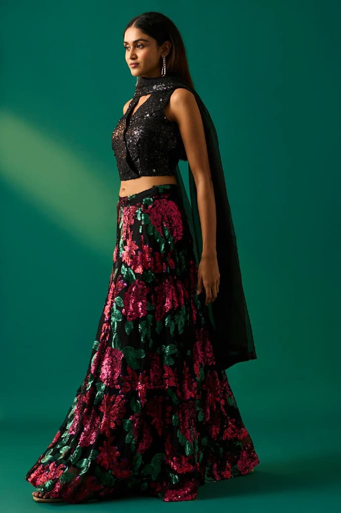 Black Sequin Embellished Straight Blouse with Skirt and Dupatta Set — photo 3
