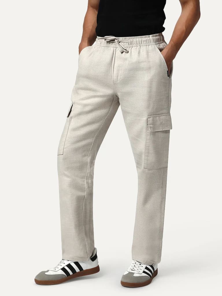 Men's Beige Straight Fit Linen Cargo Pants with 6 Pockets — photo 2