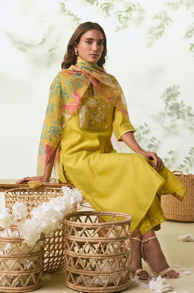 Yellow Thread Embroidery Chanderi Straight Kurta with Pants and Dupatta Set — XS