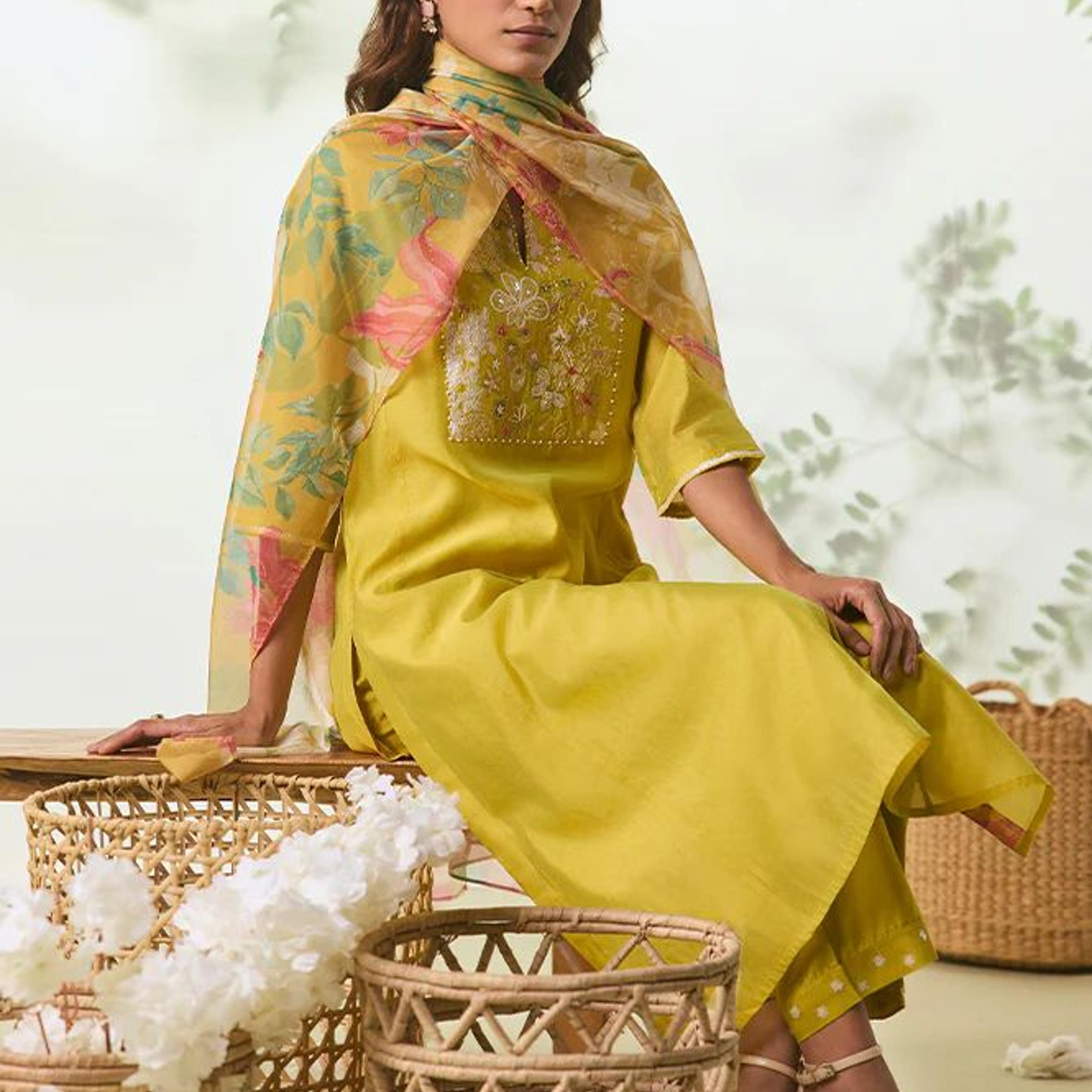 Yellow Thread Embroidery Chanderi Straight Kurta with Pants and Dupatta Set