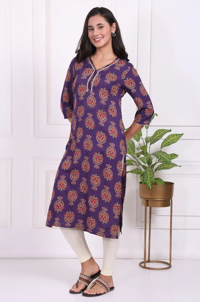 Purple Floral Printed Lace Rayon Straight Kurta — photo 4