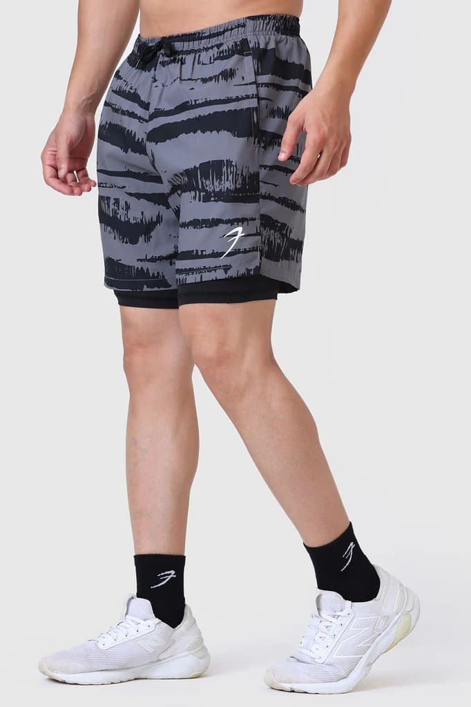 2 in 1 Printed Compression Shorts Gold Grey — S