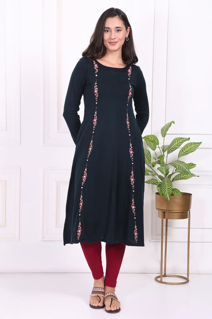 Navy Blue Thread Embroidered Acrylic Flared A-line Kurta — XS