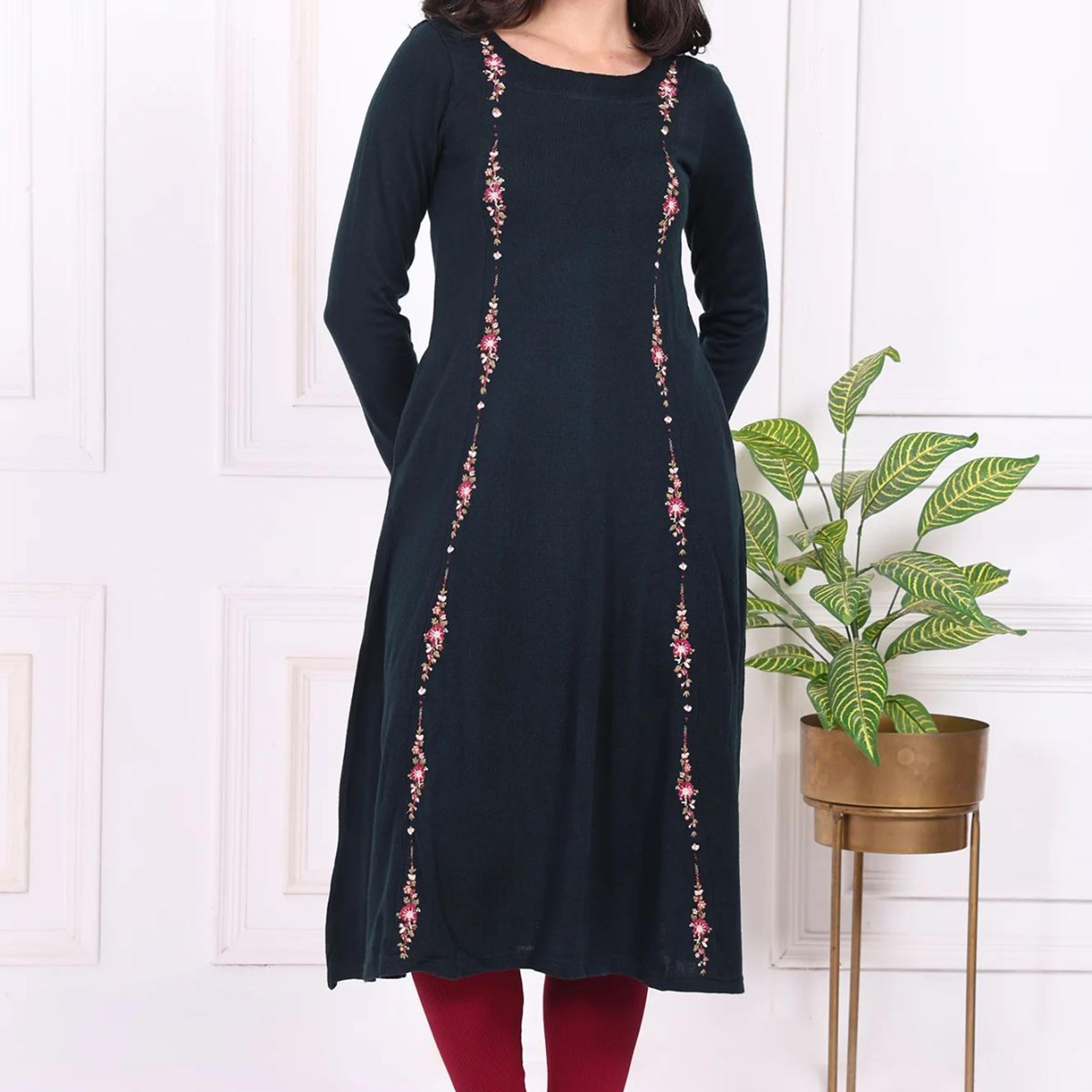 Navy Blue Thread Embroidered Acrylic Flared A-line Kurta