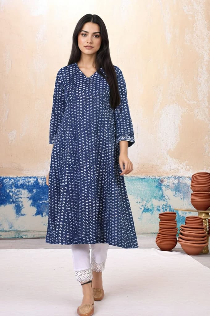 Blue Geometric Dabu Printed Mirror Work A-Line Cotton Kurta — photo 2