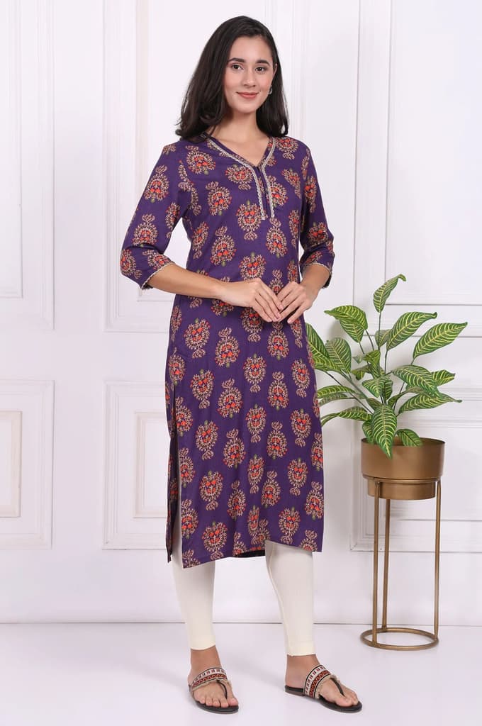 Purple Floral Printed Lace Rayon Straight Kurta — photo 6