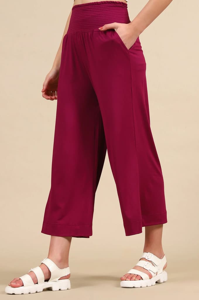 Purple Solid Flared Pants With Smoked Waist — photo 2