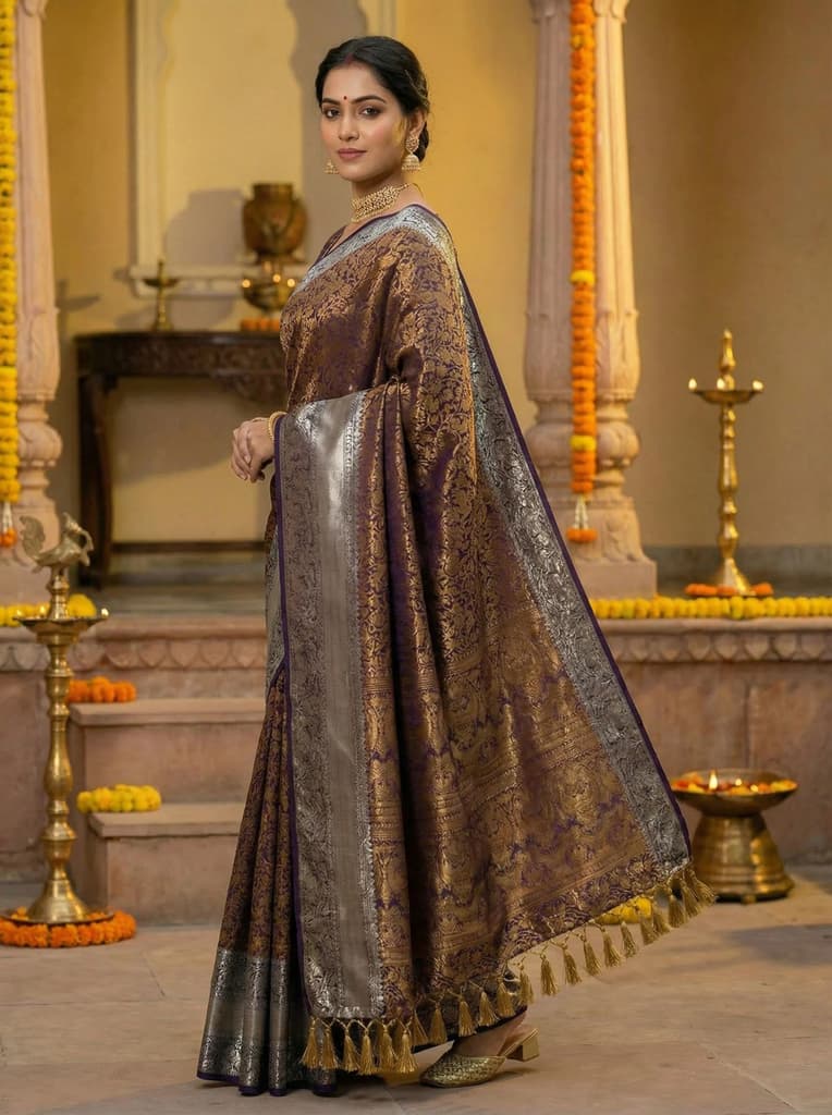 MIMOSA Women's Woven Design Banarasi Style Art Silk Saree with Blouse Piece - Navy ( SA00003132NVFREE ) — photo 3