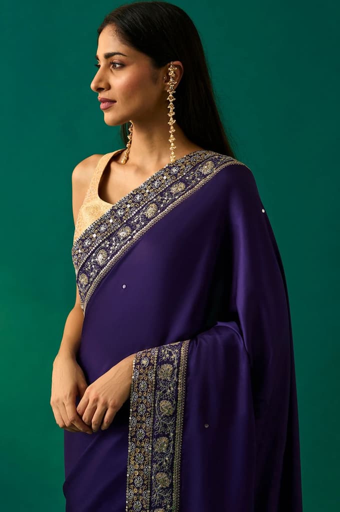 Purple Embroidered Zari Work Banarasi Satin Saree with Unstitched Blouse — photo 2
