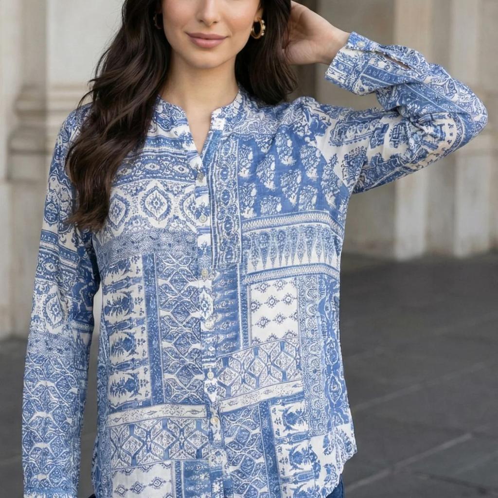 Blue Geometric Printed Straight Shirt