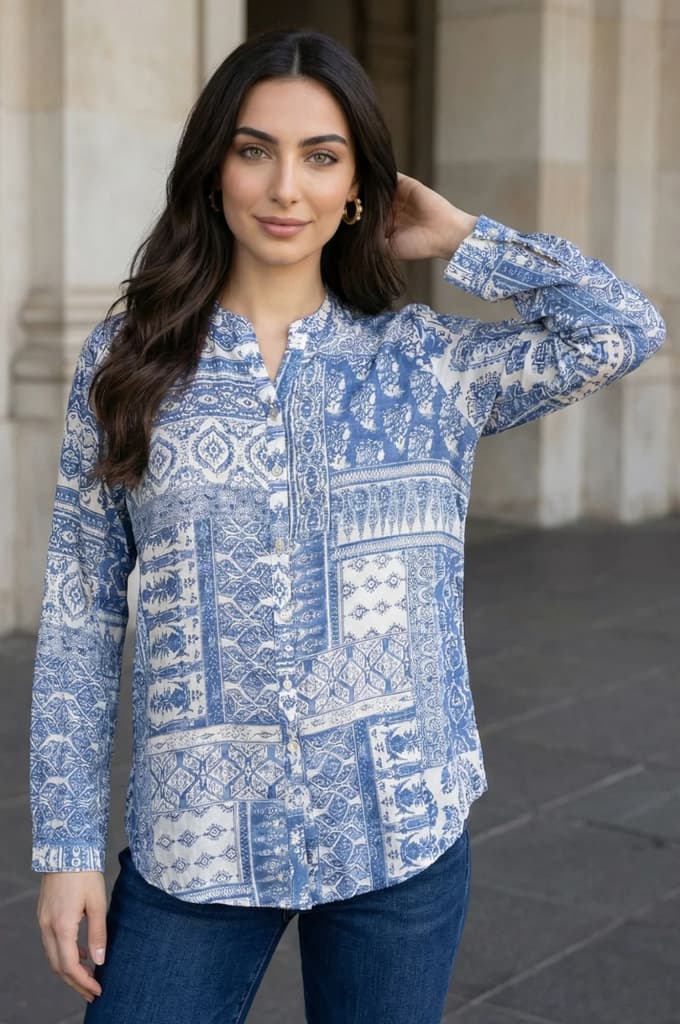 Blue Geometric Printed Straight Shirt — XS