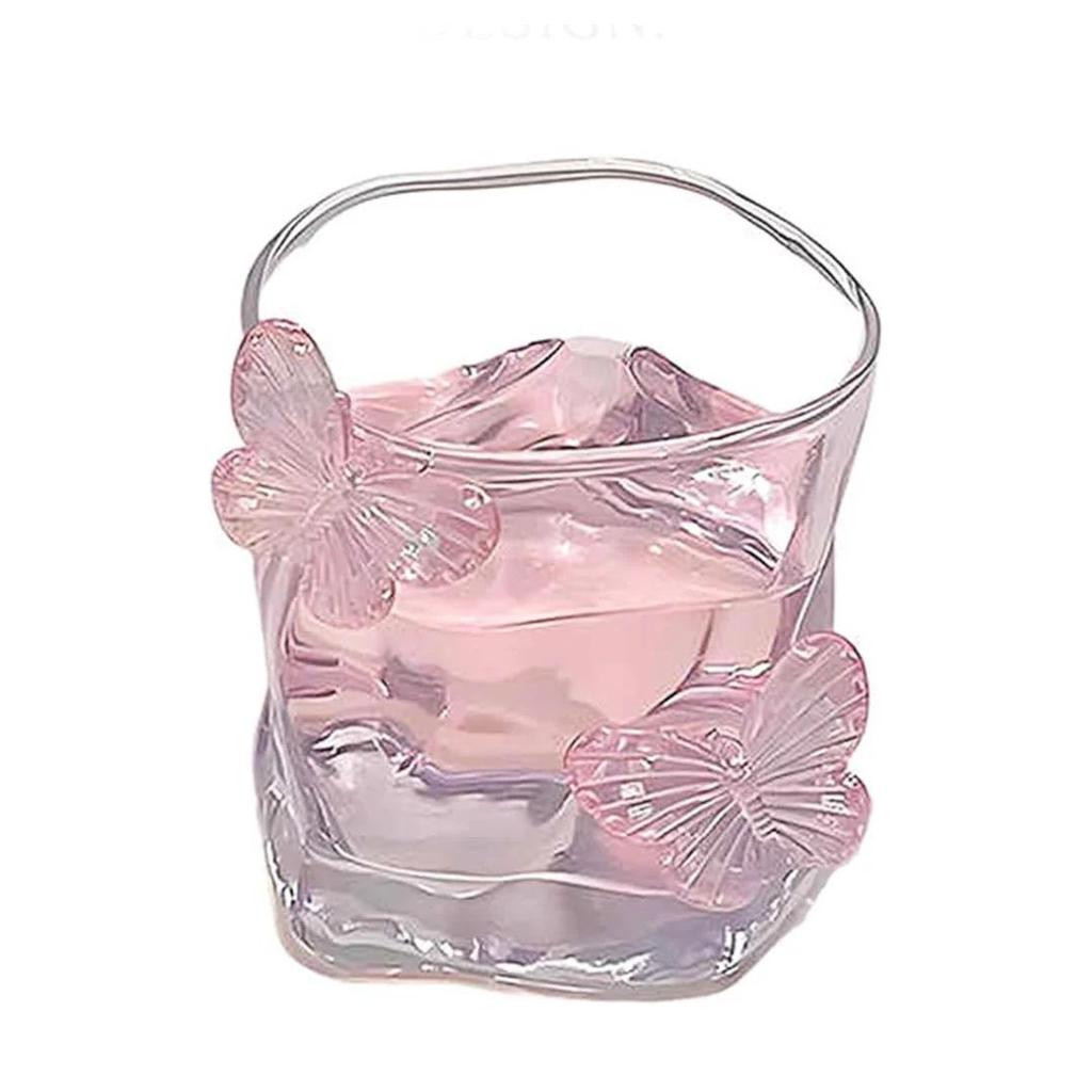 Aesthetic Butterfly Glass Cup – 3D Butterfly Embellished Drinking Glass — Pink