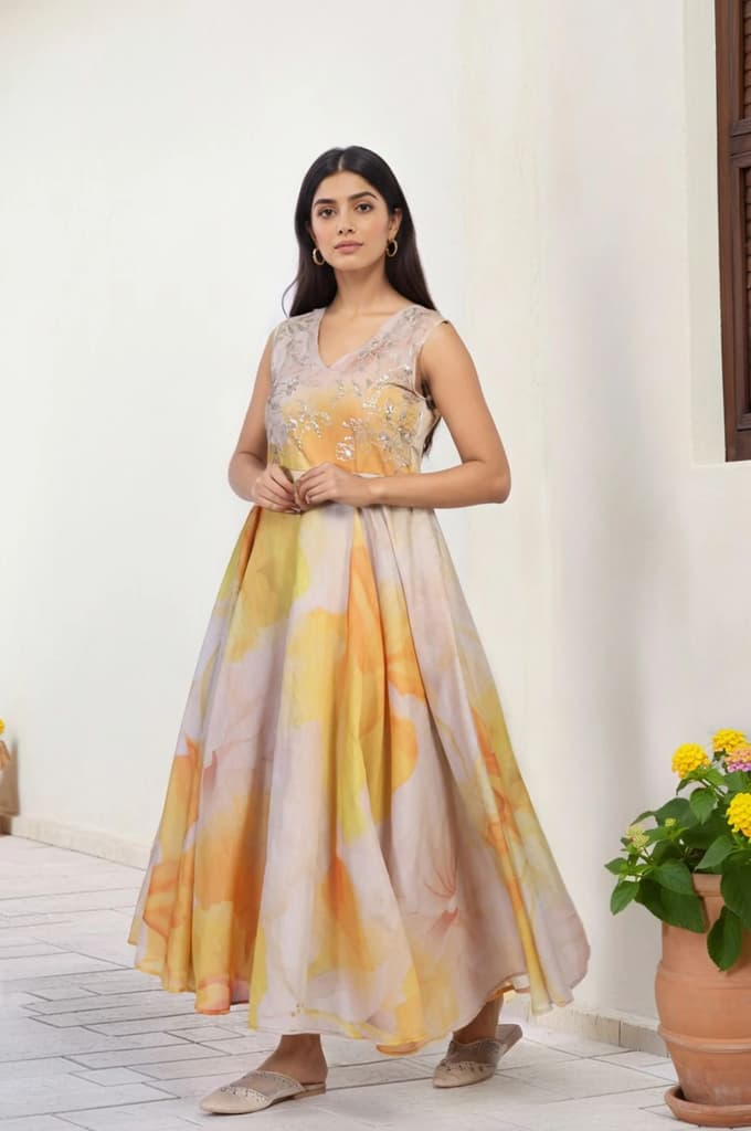 Beige Embroidered Organza Anarkali Kurta Set Dupatta Set — photo 7