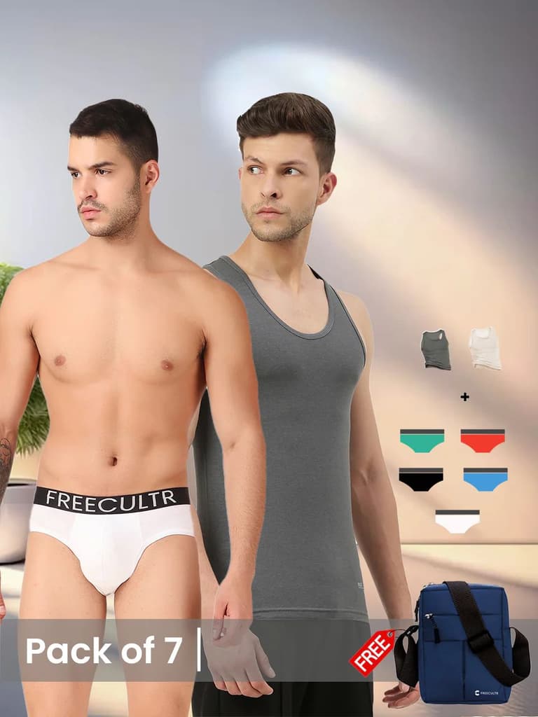 Men's Innerwear set (Pack of 7) with Free Sling Bag — Iron Charcoal; Beach Sand; Black; Brilliant Blue; Coral; Holly Green; White / S / S