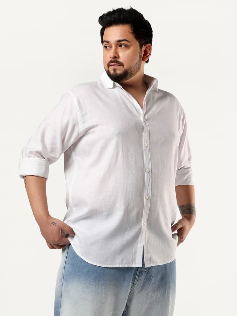 Plus Men's White Linen Blend Full Sleeve Relaxed Fit Casual Solid Shirt — photo 3