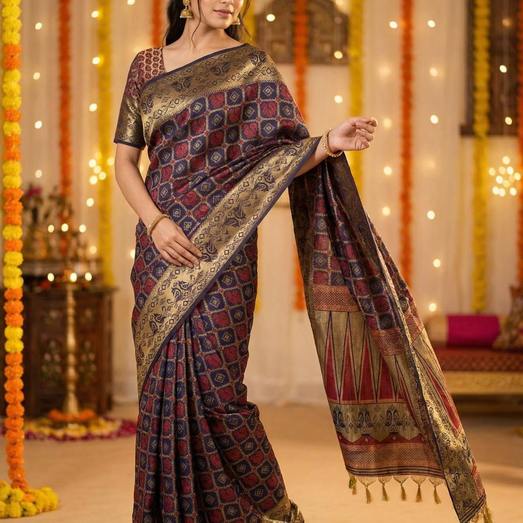 MIMOSA Women's Woven Design Patola Style Raw Silk Saree with Blouse Piece - Navy ( SA00003139NVFREE )