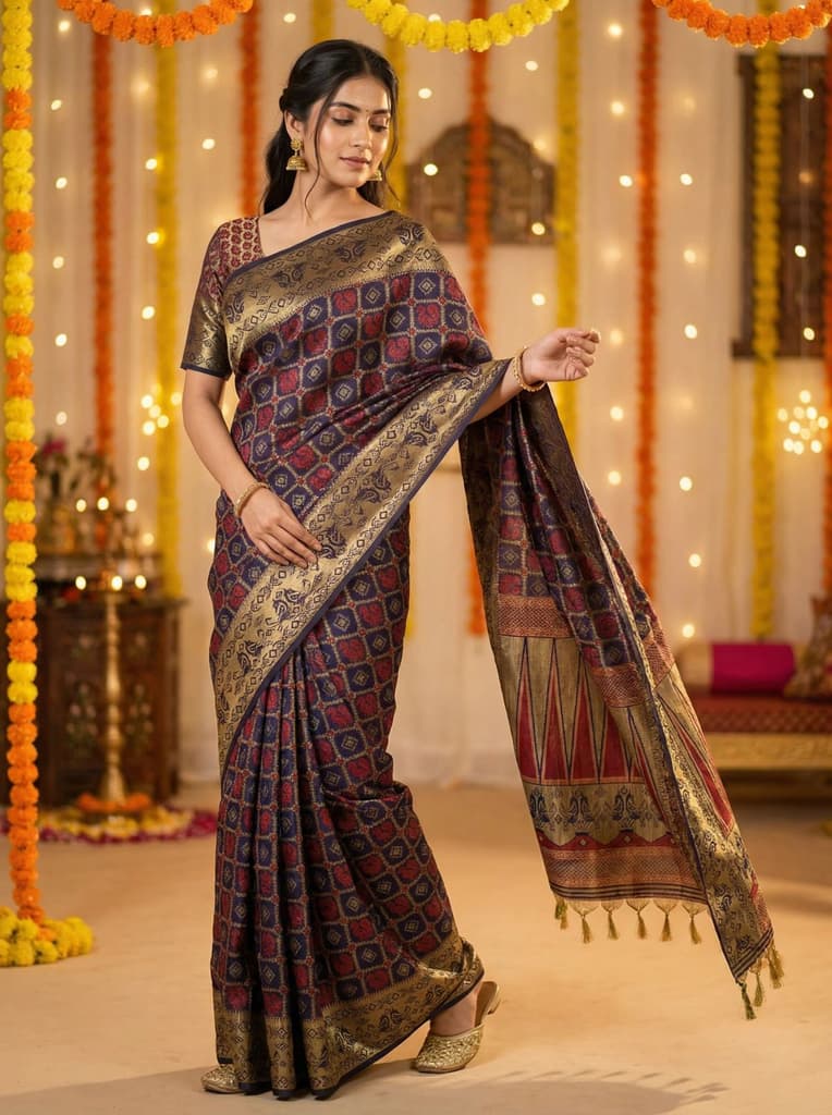 MIMOSA Women's Woven Design Patola Style Raw Silk Saree with Blouse Piece - Navy ( SA00003139NVFREE ) — Default Title
