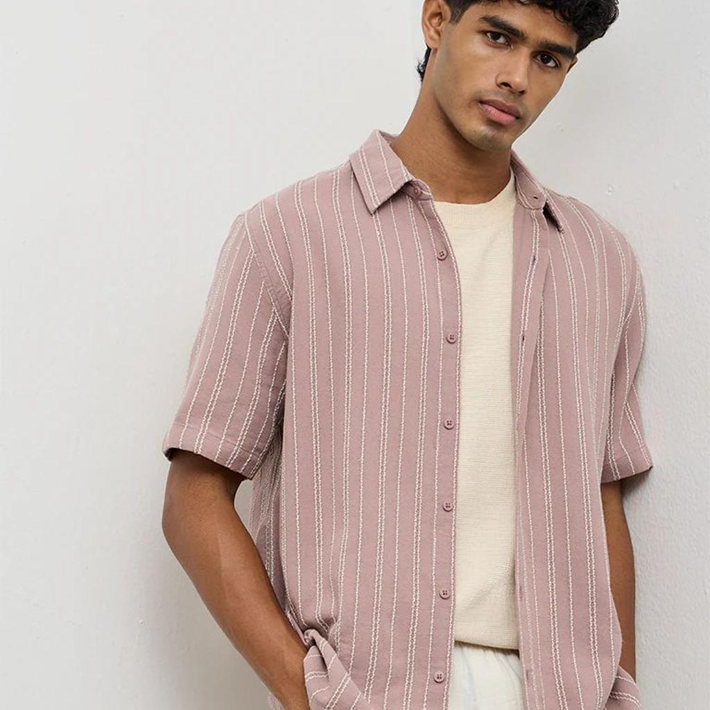 ETA Dusty Pink Stripe Embroidered Relaxed-Fit Cotton Shirt