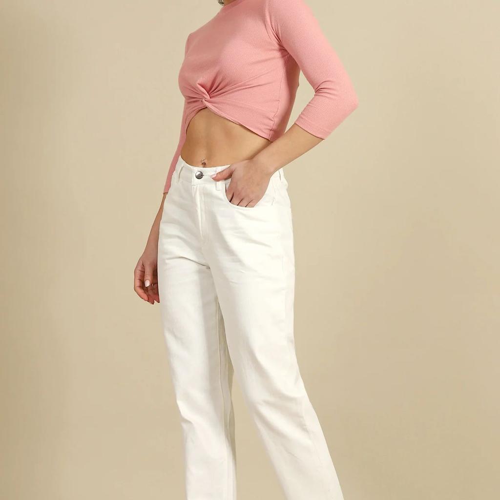 White Solid Straight Fit Cotton Pants With Button Closure